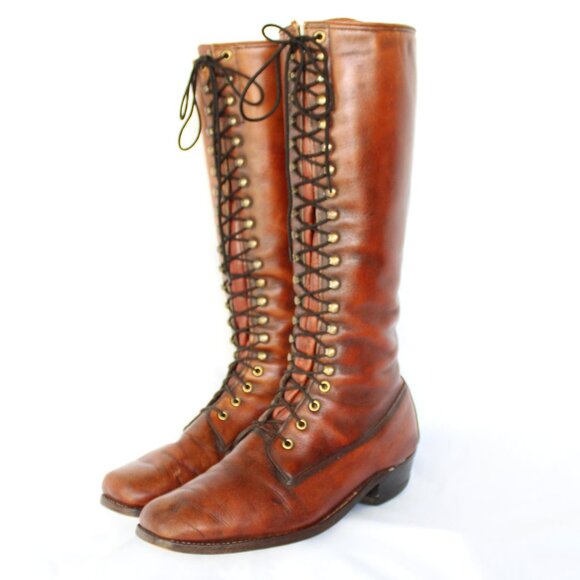 Vintage Frye Brown Leather Lace-up Equestrian Riding campus Black label Boots - Picture 5 of 12